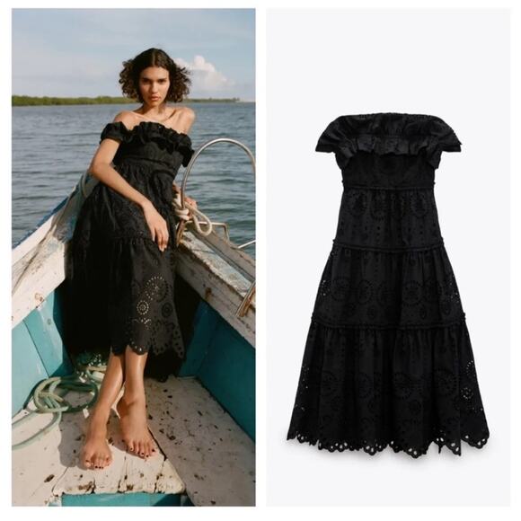 Zara Black Embroidered Eyelet Off The Shoulder Ruffle Midi Dress XS - Picture 4 of 11